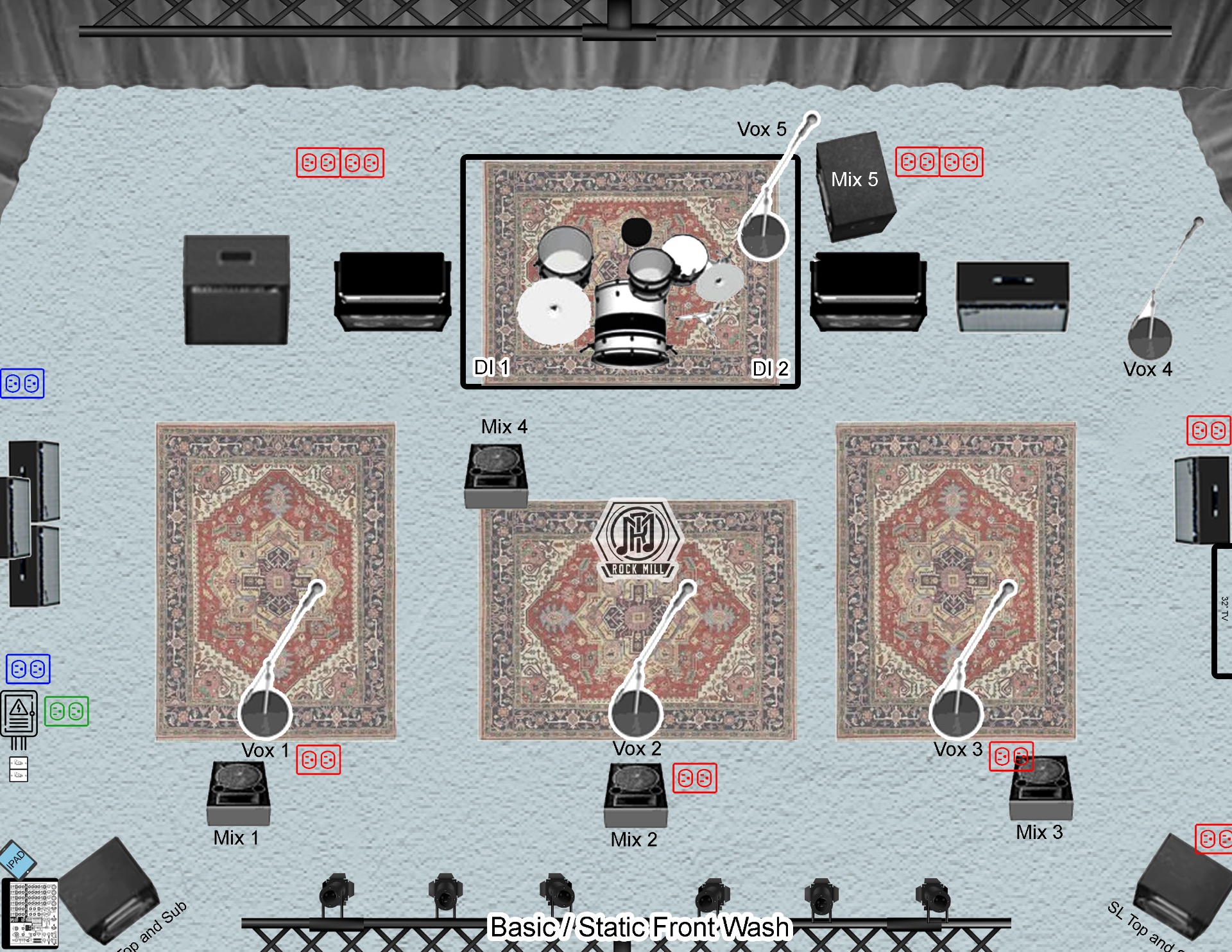Rock Mill house stage plot showing PA, drum kit, bass rig, and guitar amp placement