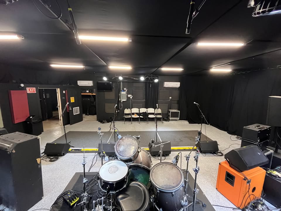 View from the drum kit looking out across the rehearsal room